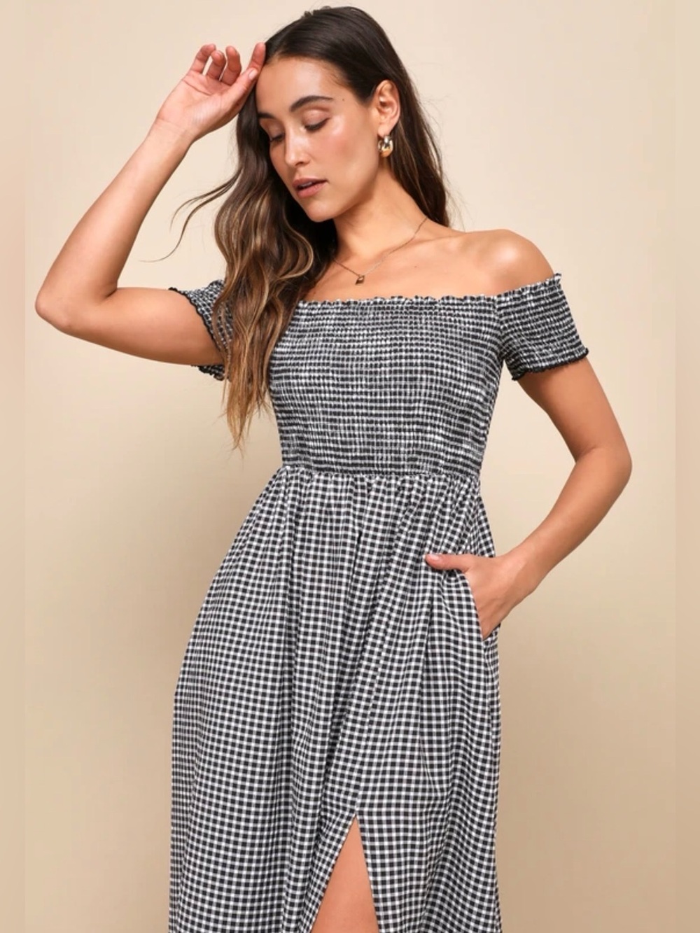 Lulus Patsy Black and White Gingham Off-the-Shoulder Dress Size S Black White - Picture 3 of 3